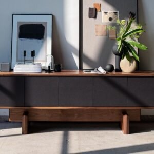 Minimalist wooden TV cabinet with dark panels in modern living room Kenya