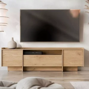 modern wooden tv stand with storage cabinets in kenya living room