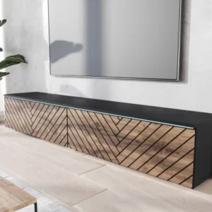 Modern wall-mounted TV stand with chevron wood design in a luxury living room Kenya