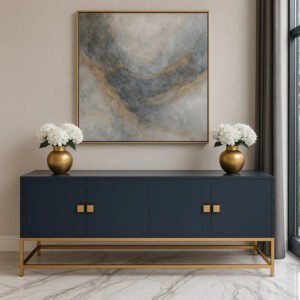 Dark blue TV cabinet with gold metal frame in modern living room Kenya