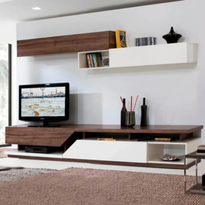 Modern TV cabinet with wall shelves in wood and white design in Kenya living room