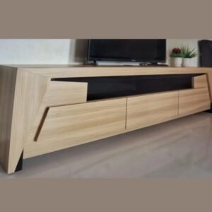 Modern wooden TV cabinet with angular design and open shelf in Kenya living room