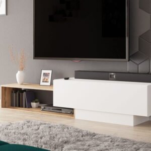 Modern floating TV stand with white front and wood shelf in a living room Kenya