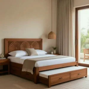 Wooden bed with carved fan-pattern headboard and foot storage bench in Kenya bedroom