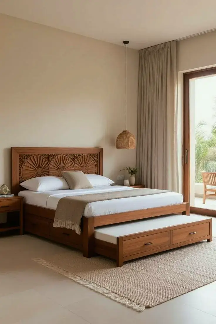 Wooden bed with carved fan-pattern headboard and foot storage bench in Kenya bedroom