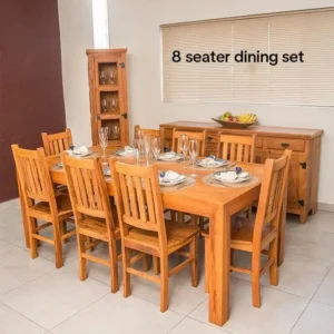 8 seater wooden dining set with rectangular table and slatted chairs for a Kenya dining room