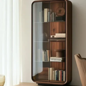Glass door display cabinet with wood-tone body and shelves for a modern Kenya living room