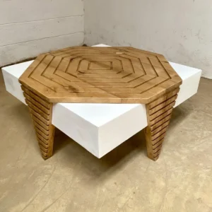 Geometric wooden coffee table with carved octagonal top and white block sections for Kenya living rooms