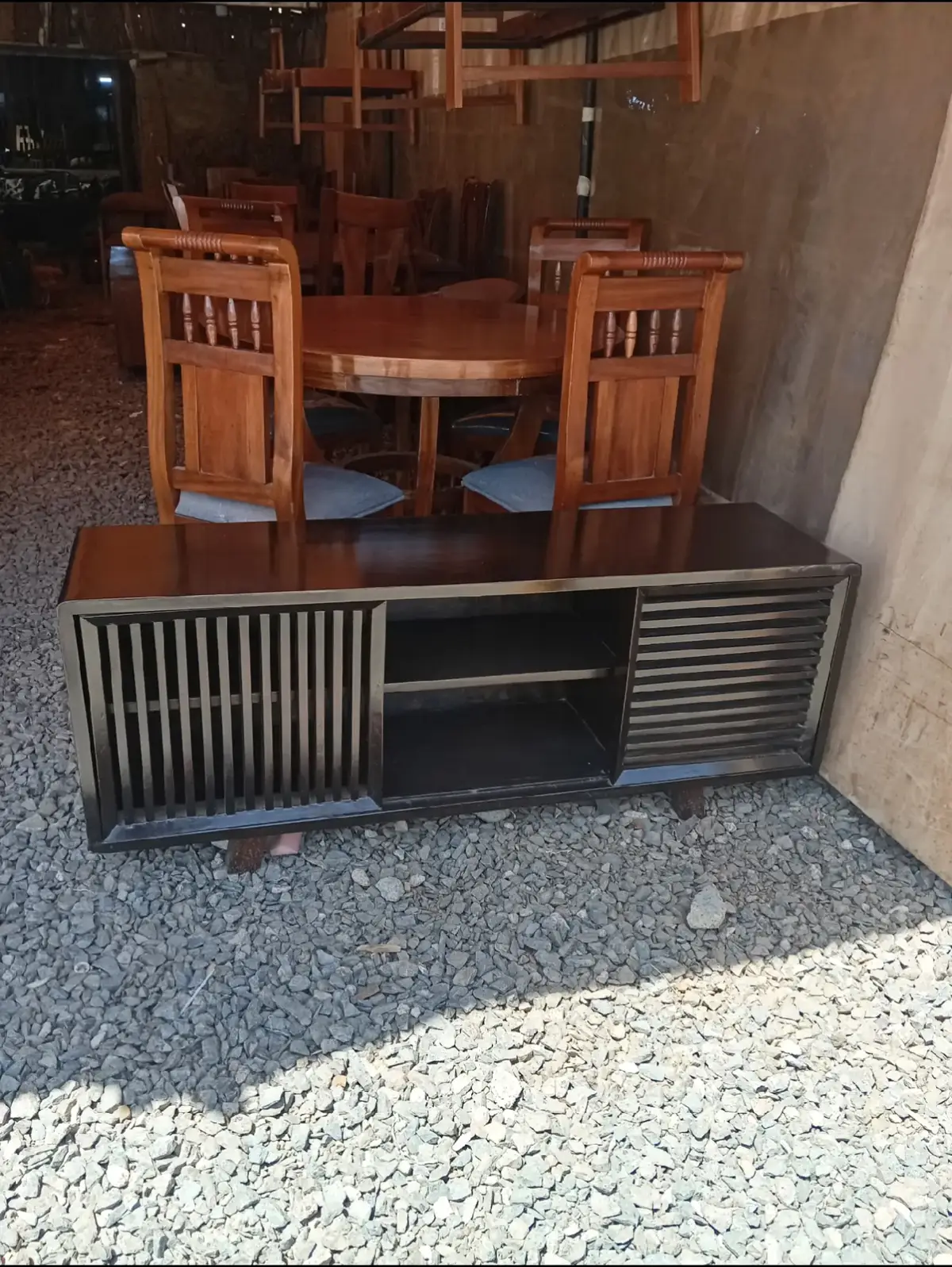 Modern Black TV Stand Kenya – Slatted Media Console with Open Shelf - Image 5
