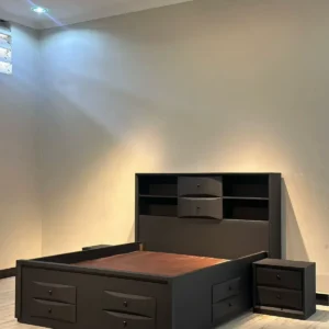 Black storage bed Kenya with headboard shelves, centre drawers and bedside unit