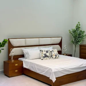 Wooden bed frame Kenya with cream upholstered panel headboard and matching bedside tables