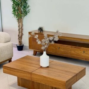 Wooden TV stand Kenya with ribbed cabinet doors, open shelf, drawers, and matching coffee table