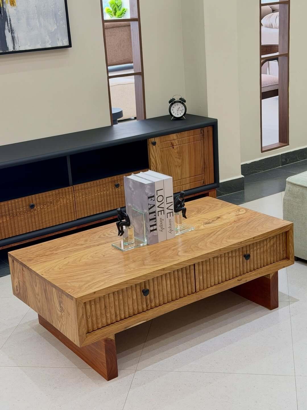 Wooden Coffee Table Kenya – Modern Ribbed Drawer Centre Table - Image 2
