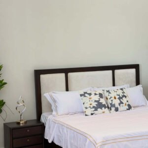 Dark wood bed Kenya with cream upholstered panel headboard and matching bedside table