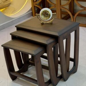 Nesting tables Kenya with dark wood-tone finish, square tops, and set of 3 stackable side tables