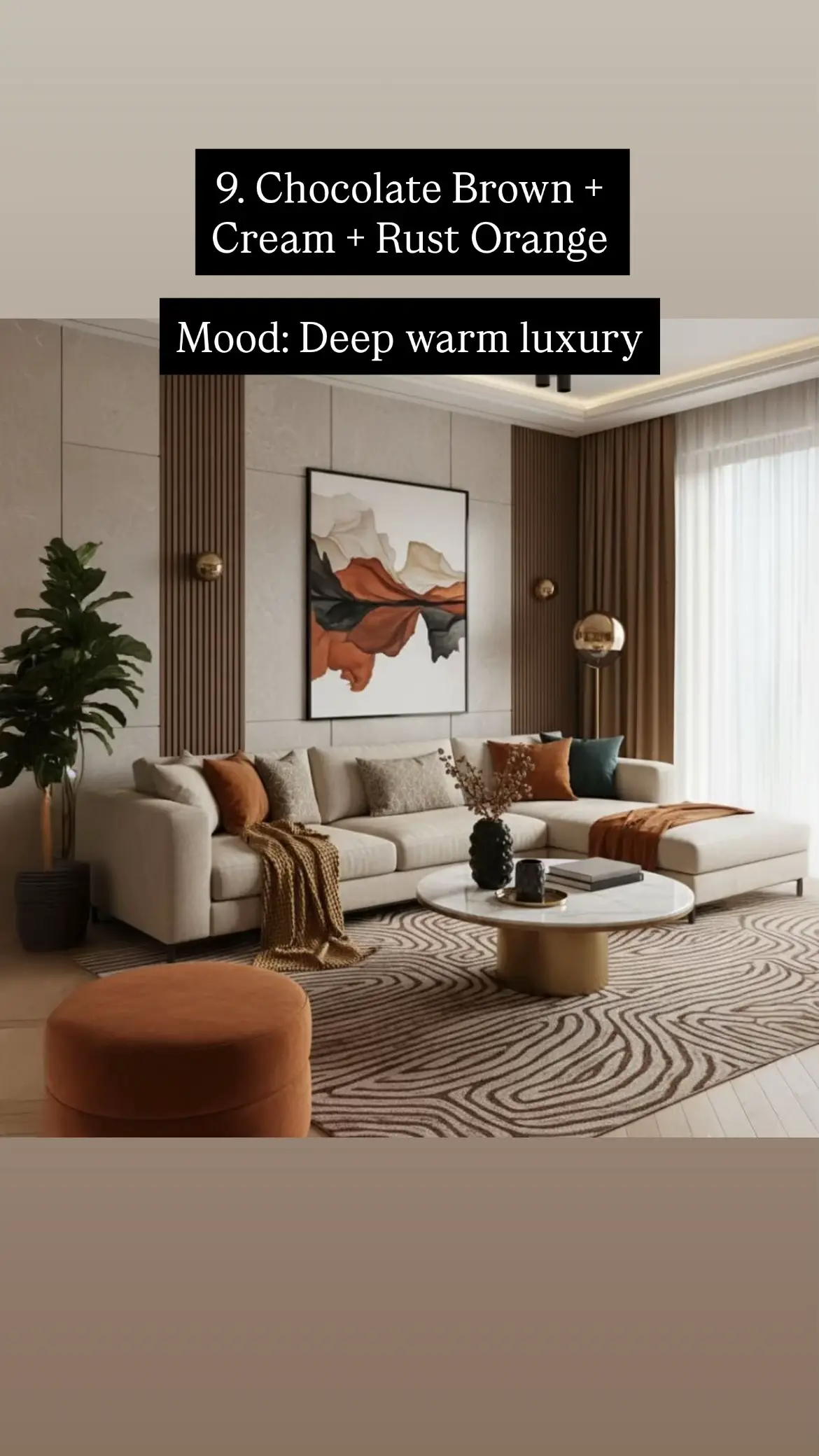Terracotta feature wall cream sofa sand rug botanical gallery wall — warm cosy Kenya living room