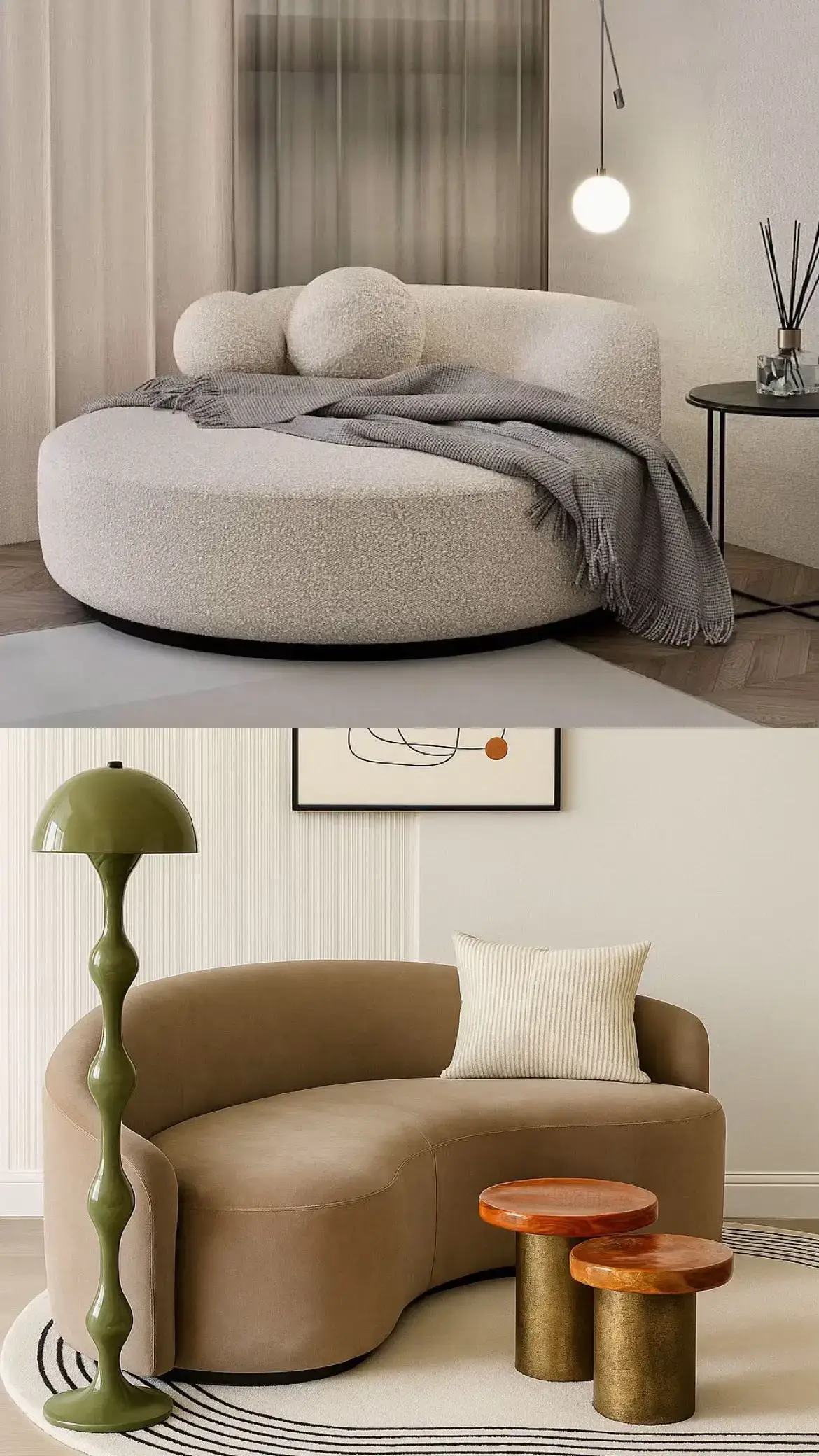 Cream and taupe curved daybed sofa with rounded lounge seating for Kenya interiors