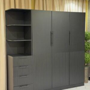 Grey wardrobe interior with shelves, drawers and long door handles for Nairobi bedrooms