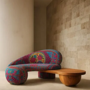 Colourful patterned curved lounge sofa with wood-look table section for Kenya interiors