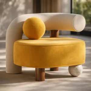 Mustard and cream sculptural lounge chair with round cushion and mixed supports for Nairobi spaces
