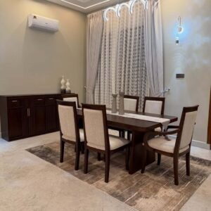 Dark brown 6 seater dining set with cream upholstered chairs for Kenya dining rooms