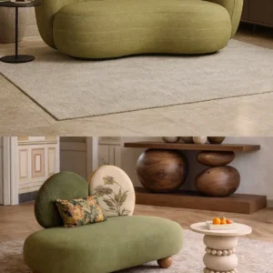 Olive green curved sofa with rounded arms and textured upholstery for Kenya lounge interiors