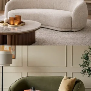 Cream and olive green curved sofas with rounded arms for modern Kenya lounge interiors