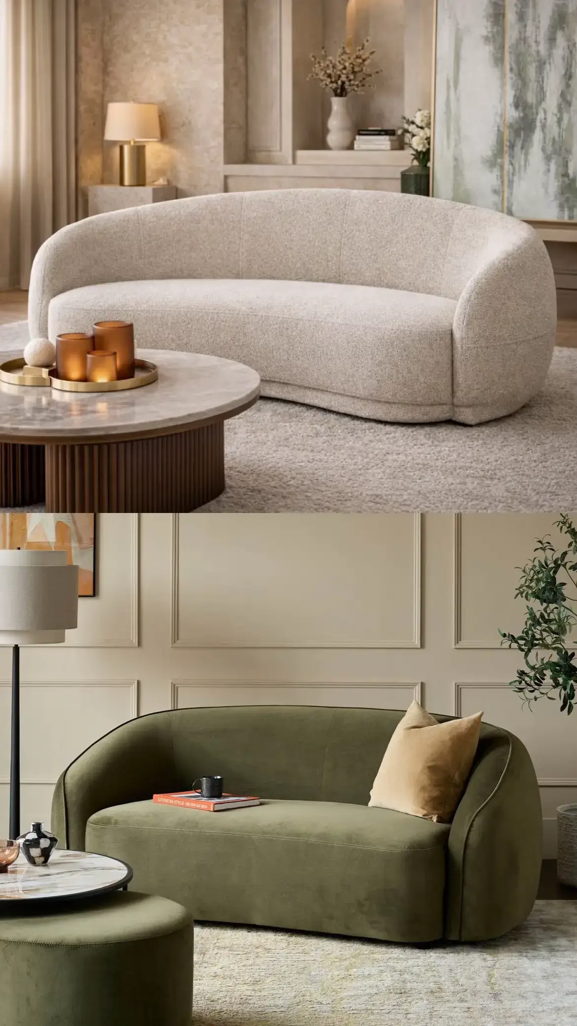 Cream and olive green curved sofas with rounded arms for modern Kenya lounge interiors