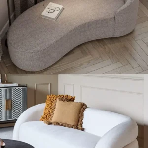 Grey and cream curved chaise sofa with rounded arms and soft lounge seating for Kenya interiors