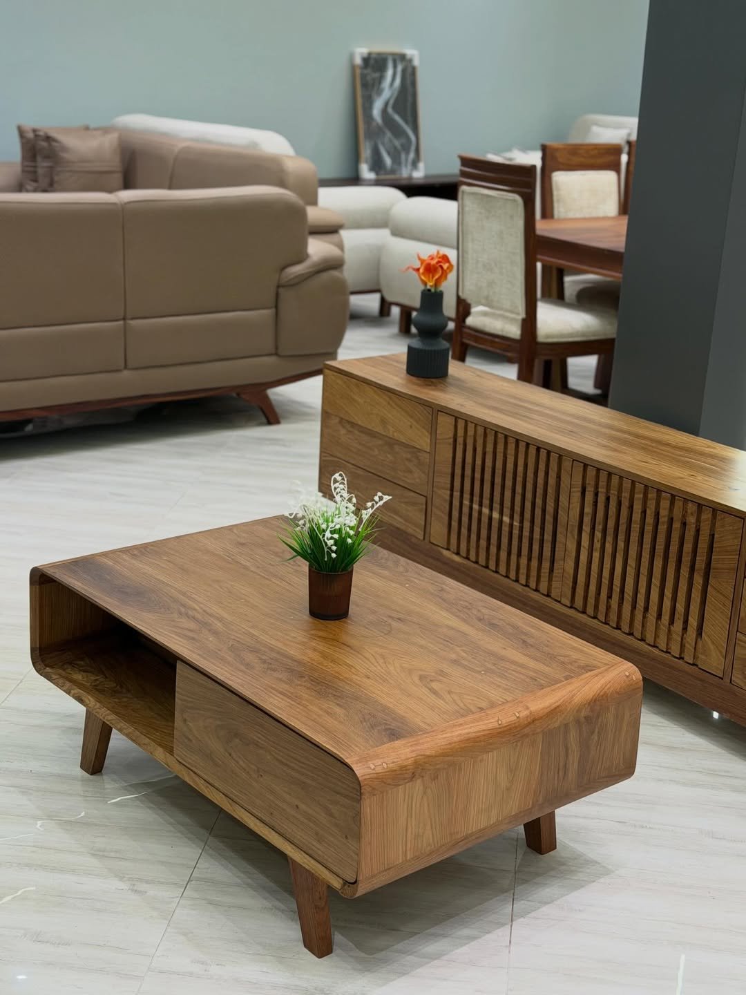 Wooden TV Stand and Coffee Table Set Kenya – Modern Slatted Living Room Set - Image 3