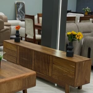 Wooden TV stand and coffee table set Kenya with open shelf coffee table and warm wood finish