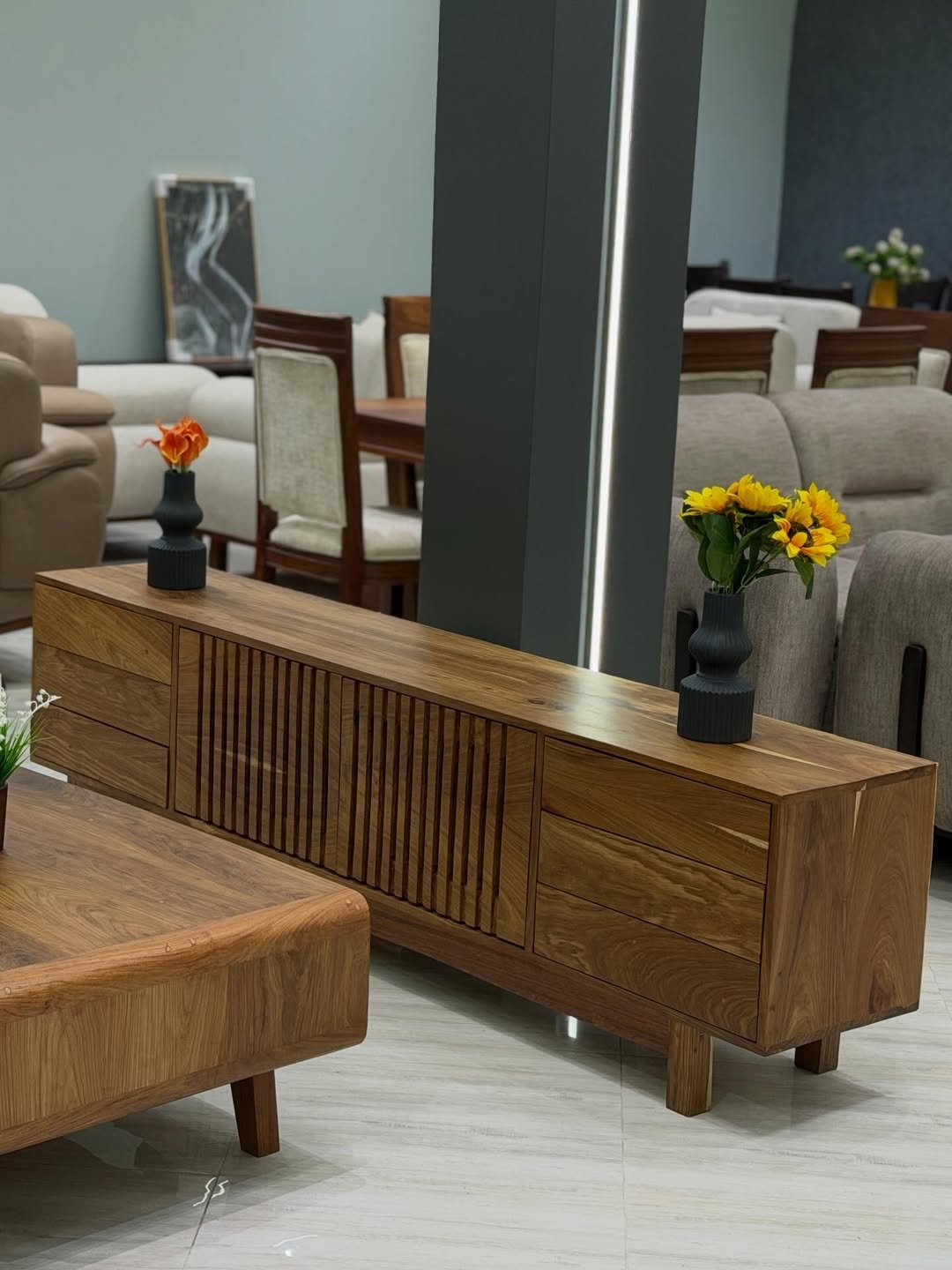 Wooden TV stand and coffee table set Kenya with open shelf coffee table and warm wood finish
