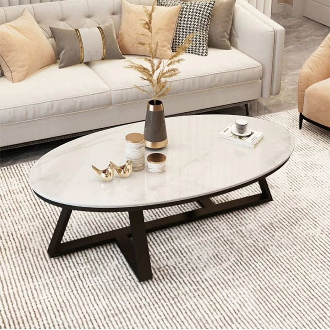 Oval Marble-Look Coffee Table Kenya – White Top Black Frame - Image 3