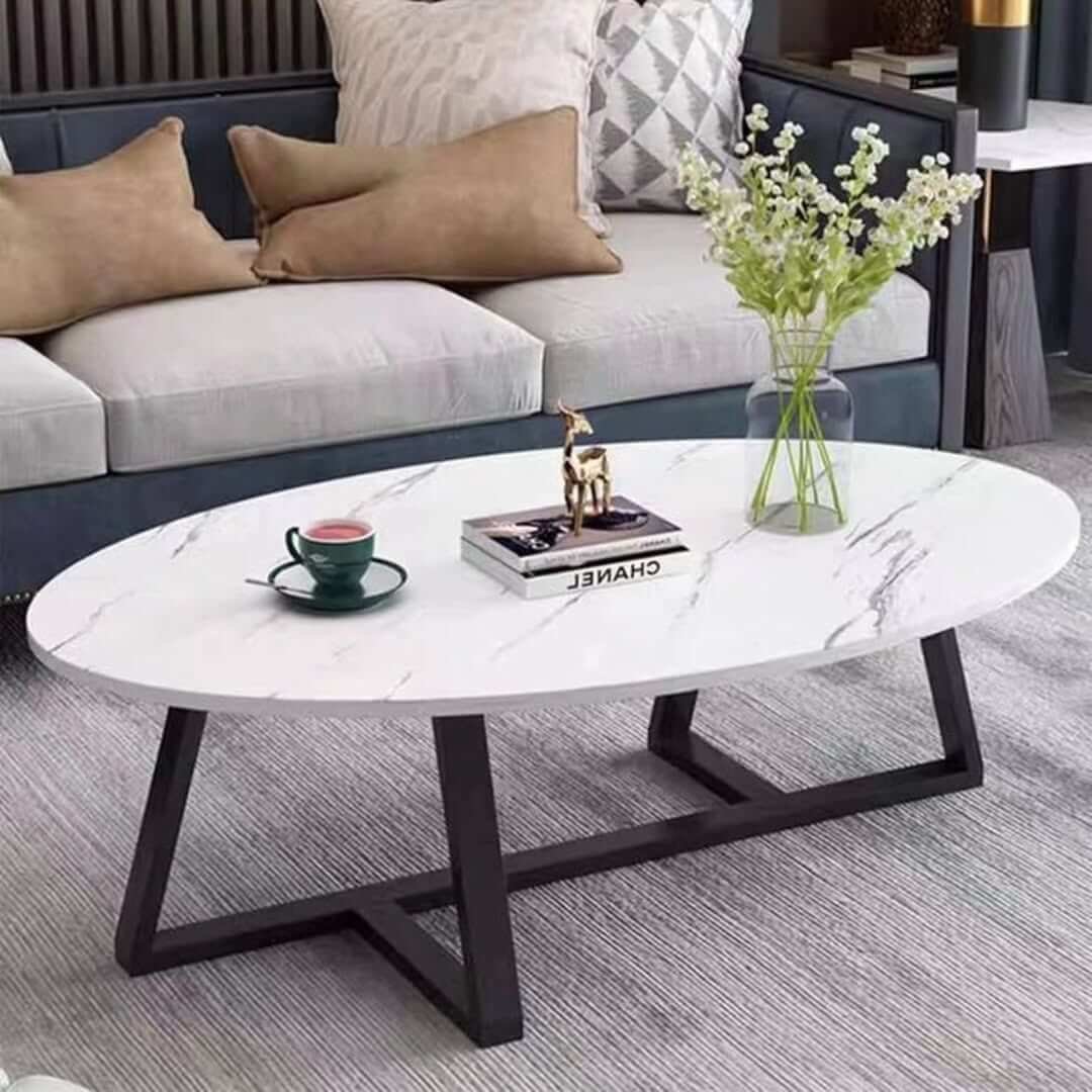 Oval Marble-Look Coffee Table Kenya – White Top Black Frame - Image 2