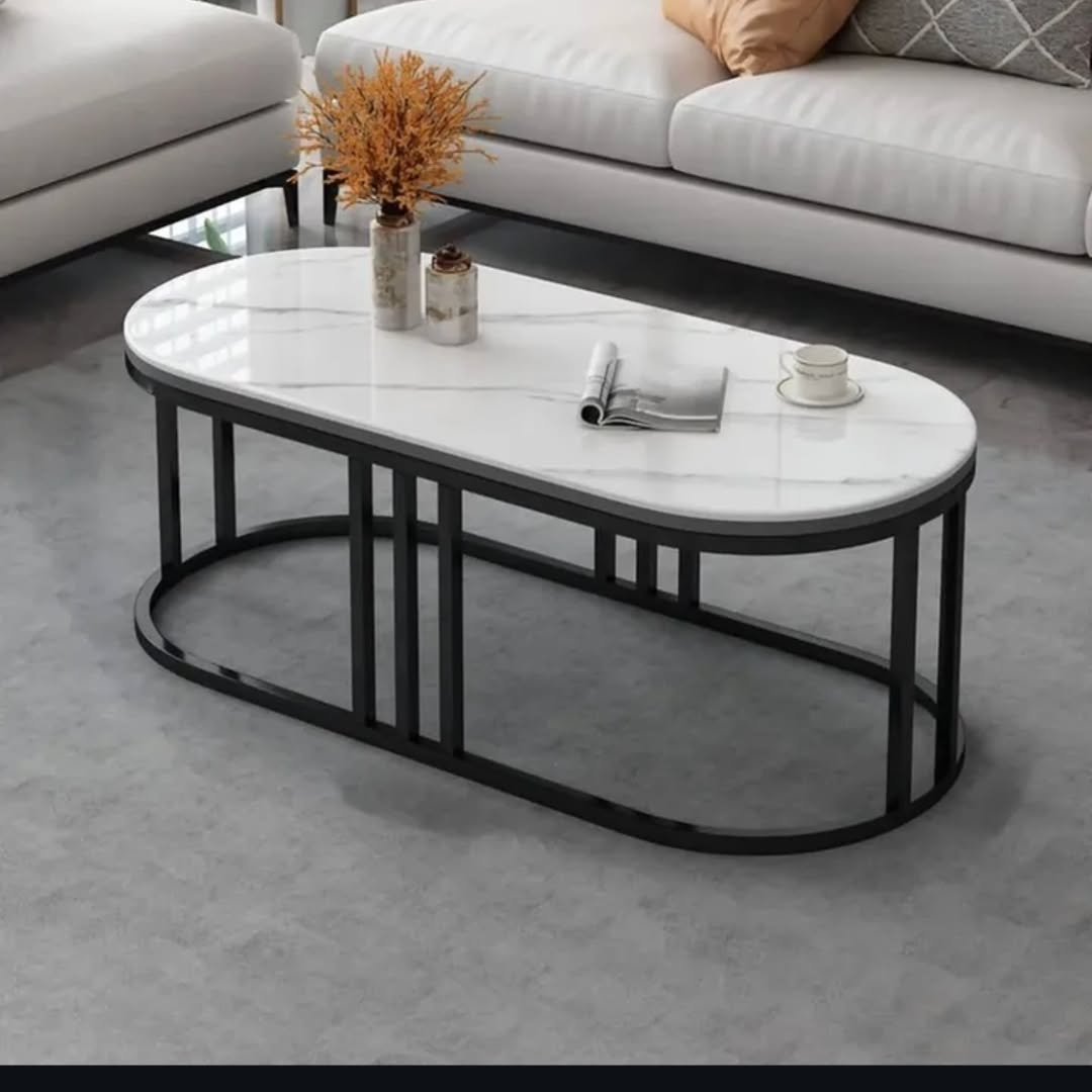 Oval Marble-Look Coffee Table Kenya White Top Black Frame