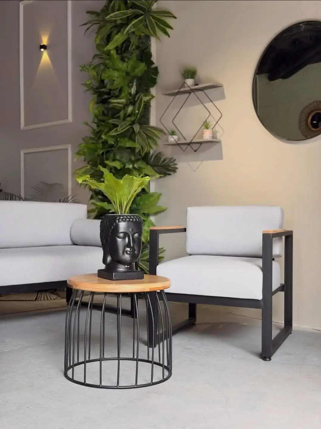 Round Side Table Kenya – Wood-Look Black Wire Accent Table - Image 3