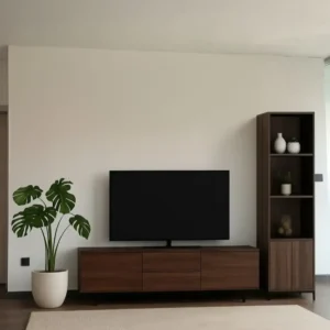Wooden TV stand with display shelf and closed storage for modern living rooms in Kenya