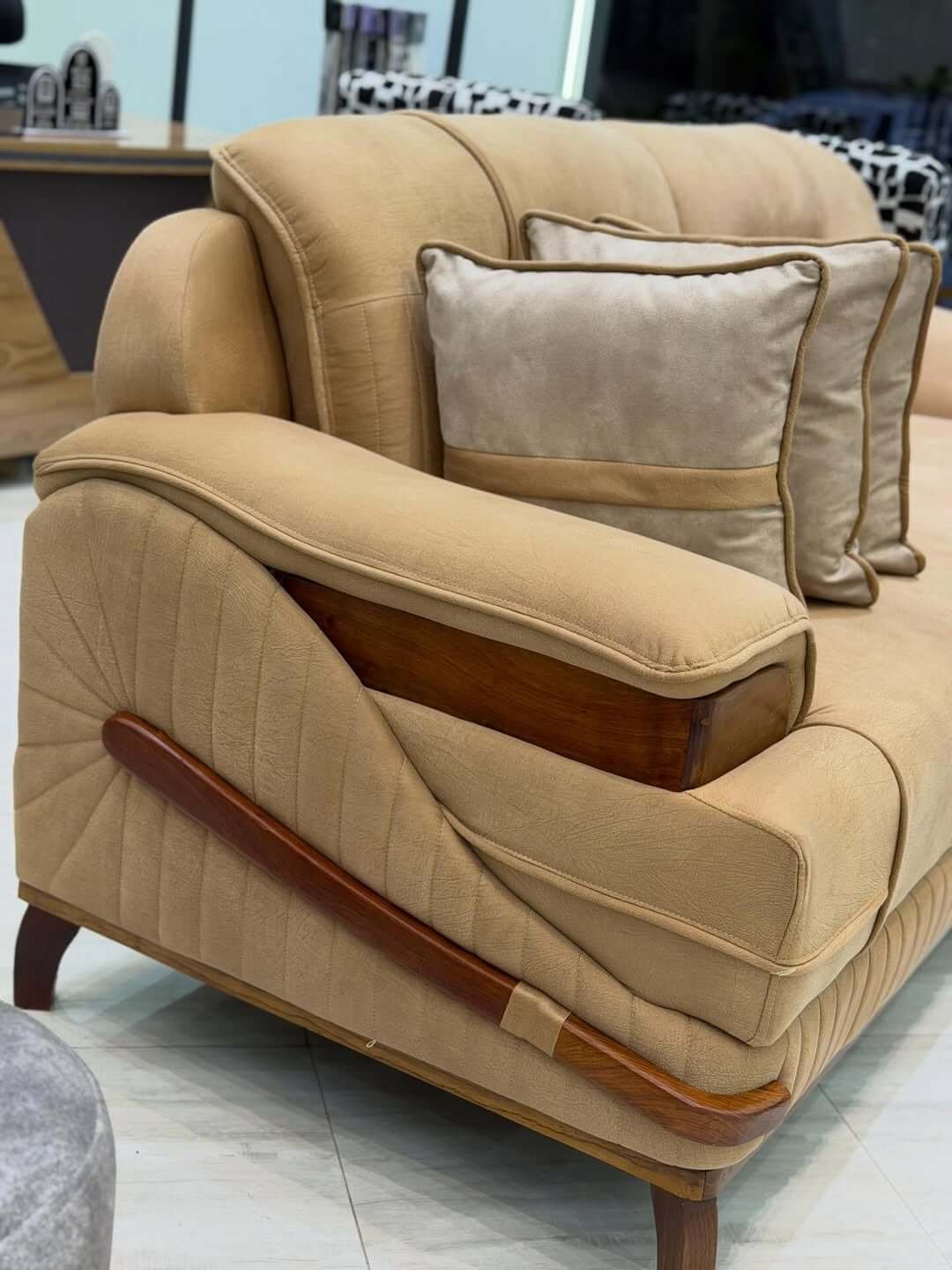 Tan Sofa Set Kenya – Wood Accent Living Room Sofa - Image 3