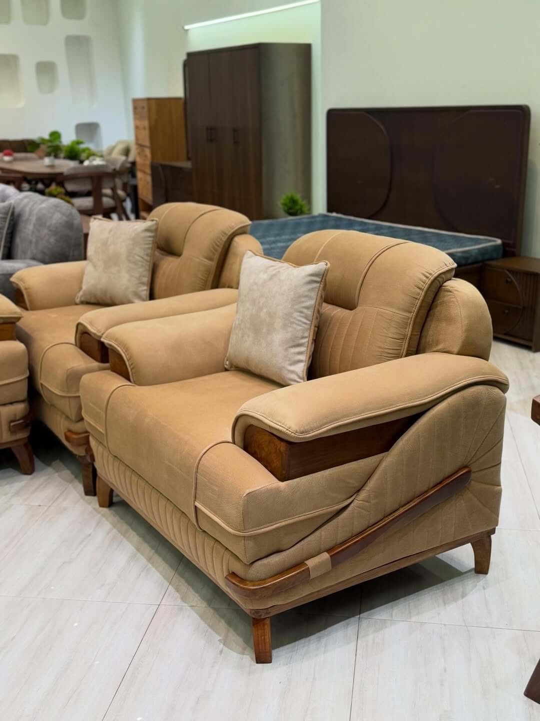 Tan Sofa Set Kenya – Wood Accent Living Room Sofa - Image 4