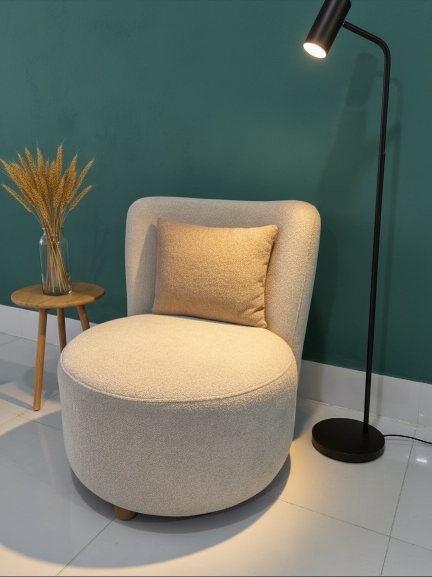 Cream accent chair with rounded seat, curved high back and wood-tone legs for Kenya interiors