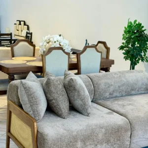 Grey sofa set Kenya with wooden frame, cane-style side panel and matching pillows
