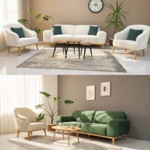 Modern sofa set with cream and green lounge options, rounded arms and wood-tone legs for Kenya homes