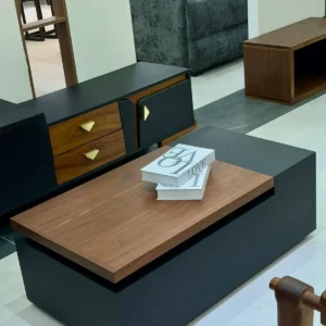 Modern coffee table Kenya with black base, wood-look top and matching TV stand