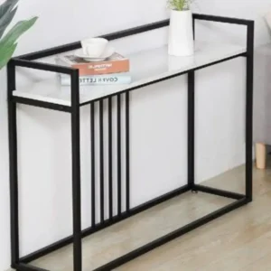 Black console table with glass-style top and vertical slat frame for Kenya entryways