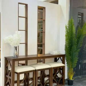 Wooden bar table set Kenya with high rectangular table and cushioned stools