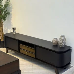Modern TV stand Kenya with black body, wood-tone drawers and open centre shelf
