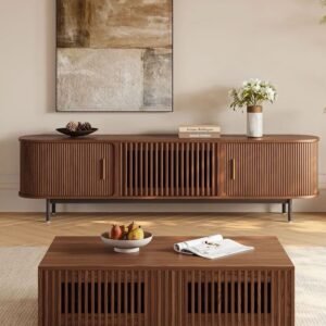 Wooden TV stand and coffee table set with warm slatted finish for modern Kenya living rooms