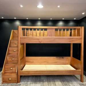 Double decker bed Kenya with wooden finish, staircase drawers and upper bunk rail