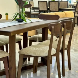 Wooden dining table set Kenya with rectangular table, curved chairs and light padded seats