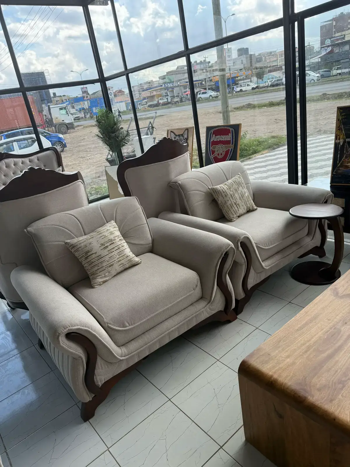 Light Grey Sofa Set Kenya – Modern Rolled Arm Wood Accent Sofa Set - Image 4